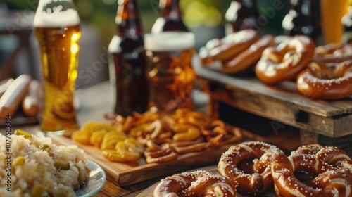 A spread of traditional German snacks like soft pretzels sausages and sauerkraut displayed on a wooden platter alongside refreshing bottles of nonalcoholic beer.