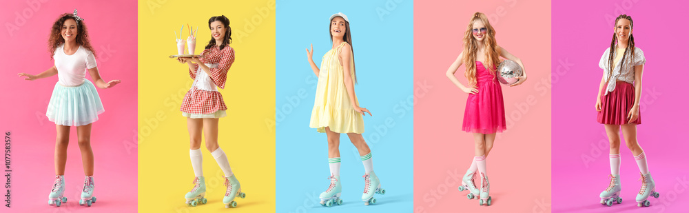 Group of stylish women with roller skates on color background Group of stylish women with roller skates on color background