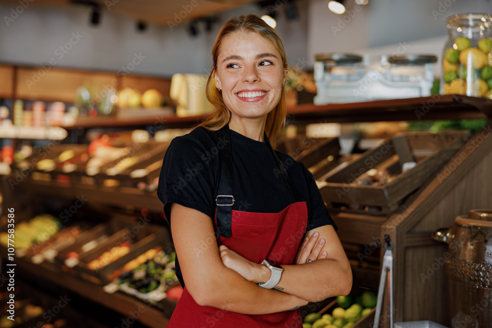 A cheerful woman in a grocery store stands proudly, showcasing fresh produce and creating a warm, welcoming atmosphere A cheerful woman in a grocery store stands proudly, showcasing fresh produce and creating a warm, welcoming atmosphere