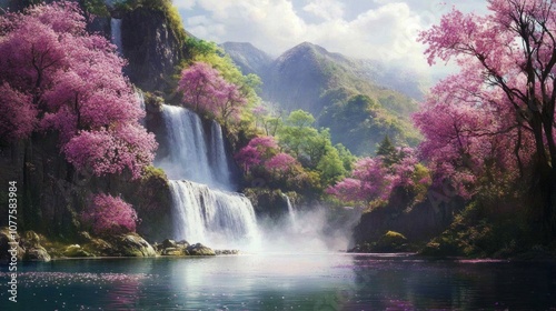 Tranquil Waterfall Landscape with Blooming Trees