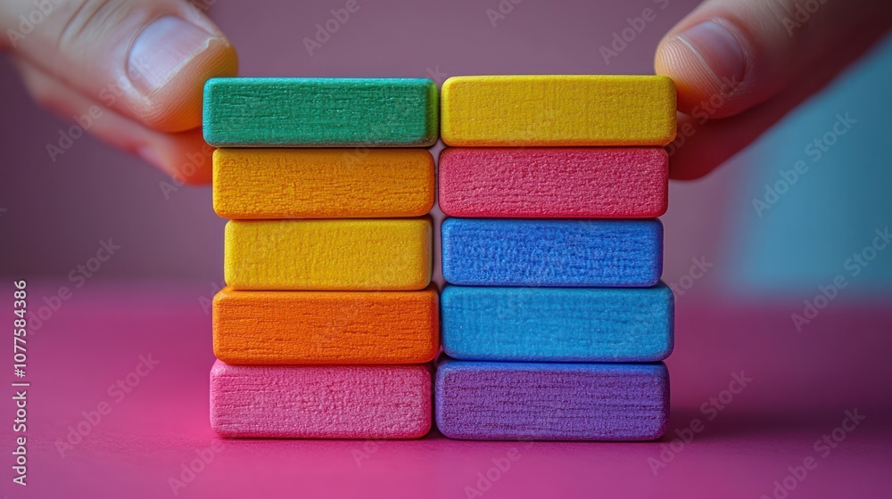 Two stacks of colorful wooden blocks with hands holding the top blocks. Two stacks of colorful wooden blocks with hands holding the top blocks.