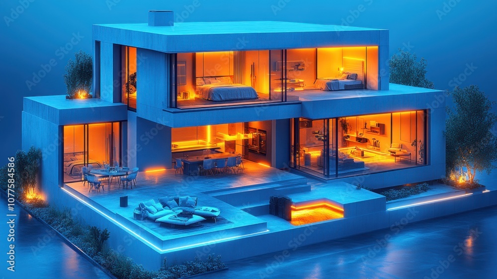 Modern house illuminated at night with glowing interiors and pool. Modern house illuminated at night with glowing interiors and pool.