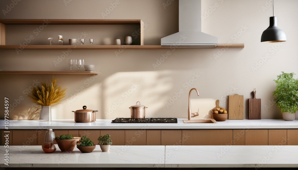 Stylish home kitchen interior with bar counter, cooking space with empty wall Stylish home kitchen interior with bar counter, cooking space with empty wall