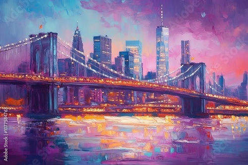 Stunning oil painting of manhattan s iconic bridges  a captivating view of nyc s skyline