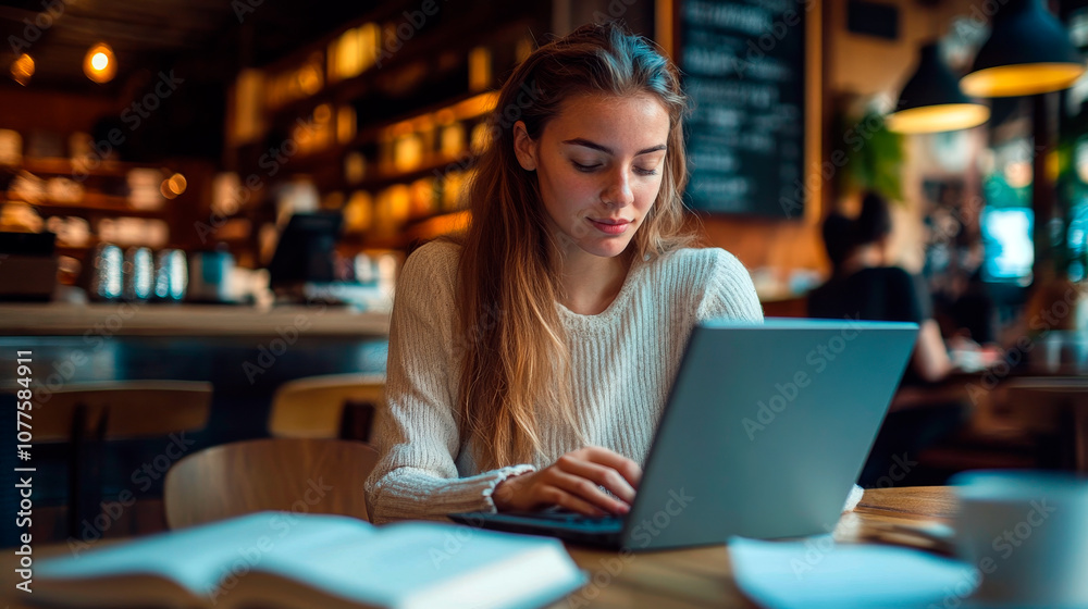 Fototapeta premium Woman Studying at Coffee Shop with Books and Laptop