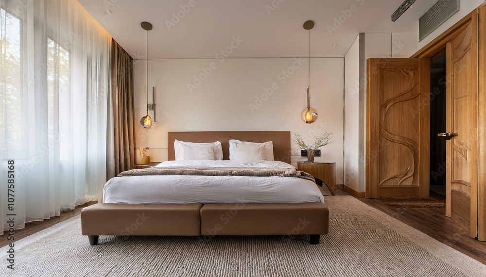 Stylish hotel bedroom interior with bed, nightstand and entrance door Stylish hotel bedroom interior with bed, nightstand and entrance door