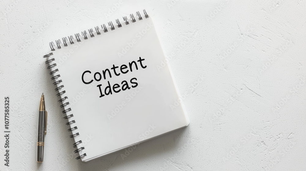 Content ideas written on blank notebook with pen beside it, symbolizing creativity and planning. This represents brainstorming and organization for content creation Content ideas written on blank notebook with pen beside it, symbolizing creativity and planning. This represents brainstorming and organization for content creation