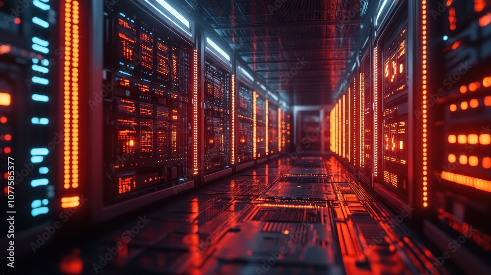 A futuristic server room with glowing red and blue lights, showing rows of data servers with intricate details. A futuristic server room with glowing red and blue lights, showing rows of data servers with intricate details.