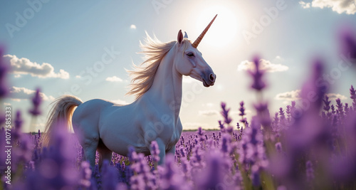 A unicorn in a field of lavender, radiating magic and grace. The image captures the harmony between the unicorn and the vibrant, fragrant landscape, symbolizing beauty and tranquility.fisheye lens