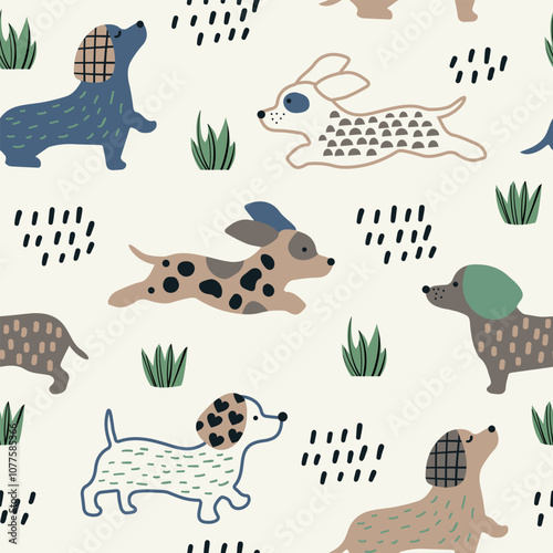 Cute doodle dogs seamless pattern.	Cartoon Vector background. 