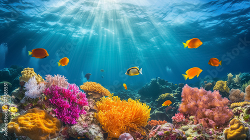 Explore a lively coral reef filled with diverse fish and dazzling colors beneath the ocean's serene surface