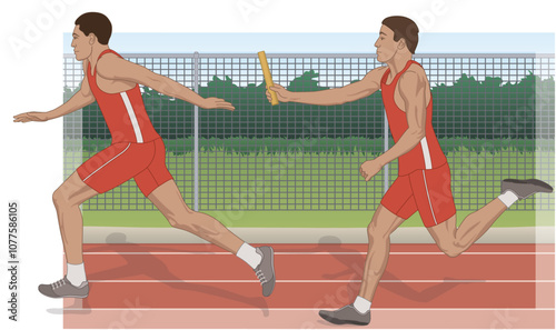 relay race, male runner passing the baton to his fellow team mate running on track with an outdoor background