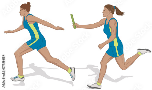 relay race, female runner passing the baton to her fellow team mate isolated on a white background