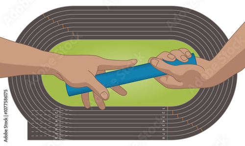 relay race, close-up of hands passing the baton with a racecourse track in the background