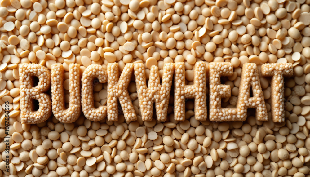 Obraz premium The word Buckwheat spelled out using buckwheat groats.
