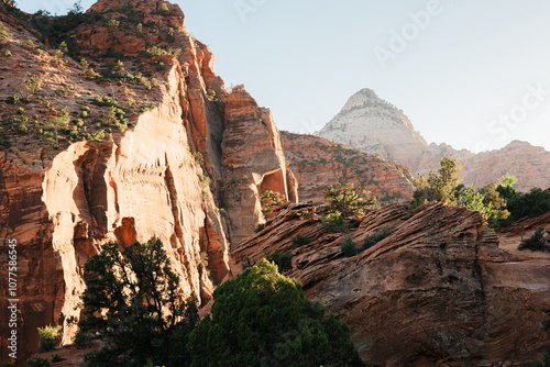 Scenic Landscape of Red Rocks at Sunset in Zion National Park photo