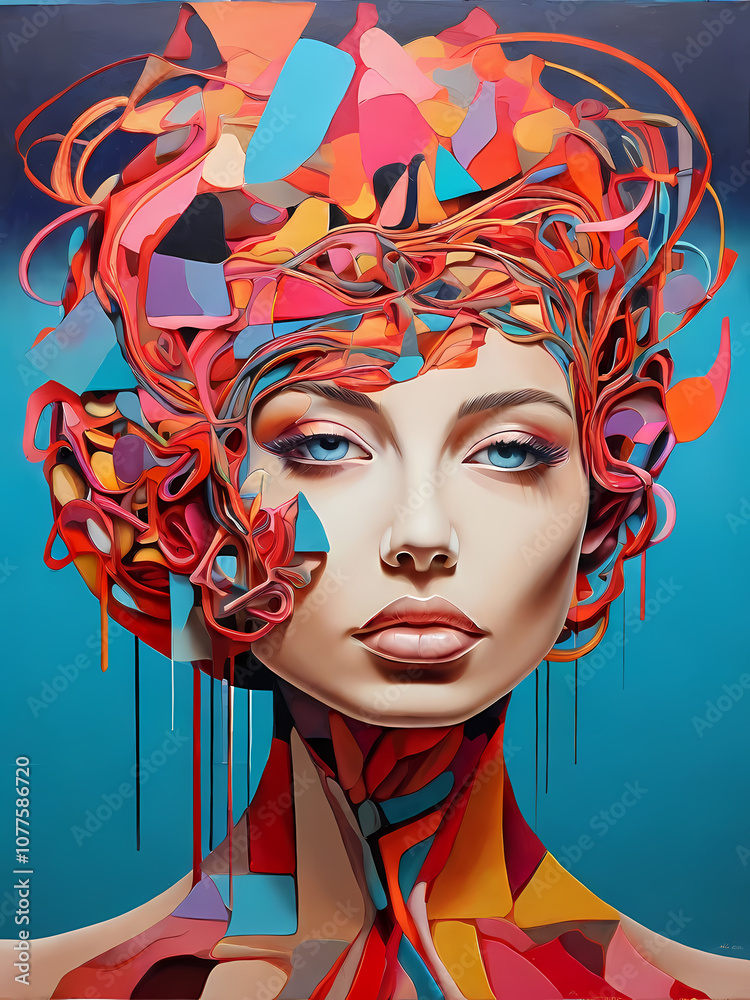 Fototapeta premium A surreal abstract painting of the human mind, blending neural networks with vibrant colors and geometric shapes.
