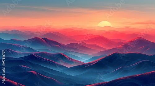 A beautiful sunset over the mountains in minimalist flat style. AI generate illustration