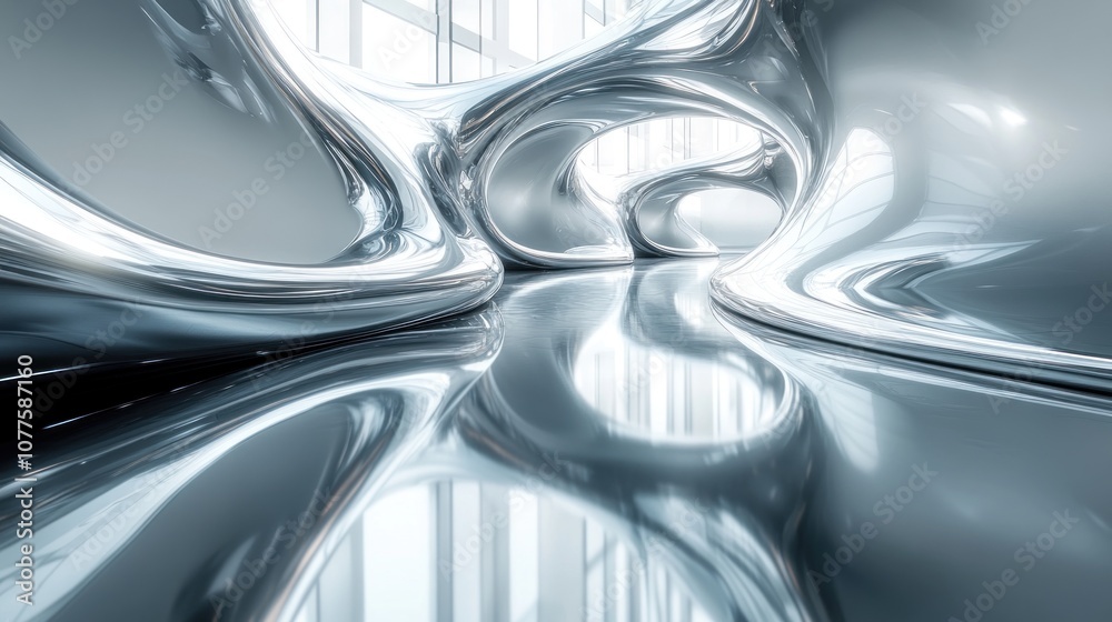 Abstract metallic space with fluid shapes and reflective surfaces. Abstract metallic space with fluid shapes and reflective surfaces.