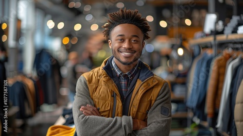 A young African American male salesperson smiling behind the counter of a modern clothing store