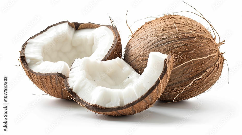 Cracked Coconut with Visible White Flesh and Brown Husk Cracked Coconut with Visible White Flesh and Brown Husk