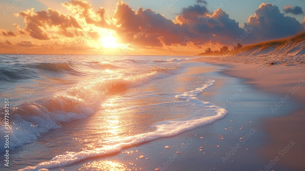 Serene beach at sunset with gentle waves and colorful clouds. Serene beach at sunset with gentle waves and colorful clouds.