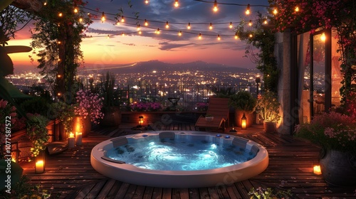 Romantic rooftop hot tub with city lights and candles.