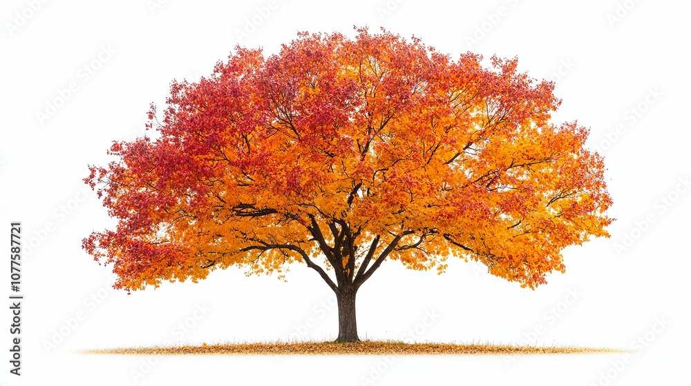 A solitary tree with vibrant red and yellow autumn leaves against a white background A solitary tree with vibrant red and yellow autumn leaves against a white background