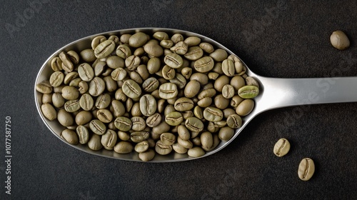 Metal scoop filled with raw green coffee beans on a dark textured surface, showcasing unroasted coffee ingredients. photo