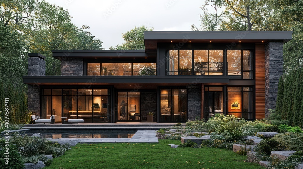 Modern house with large windows and landscaped garden. Modern house with large windows and landscaped garden.