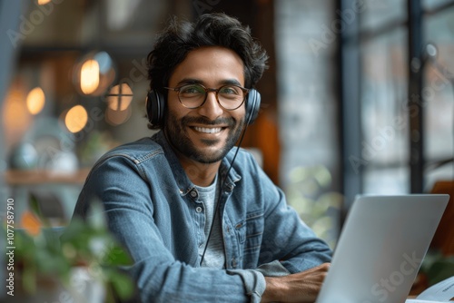 Smiling Indian call center agent wearing headset talking to customer on laptop in modern office