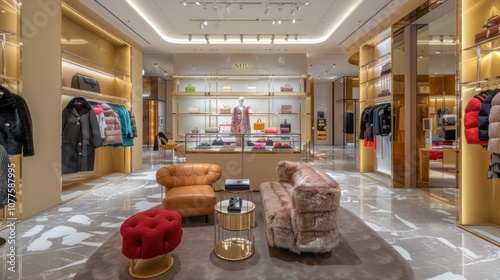 Interior of high-end women's fashion clothing and accessories store, AI generated image photo