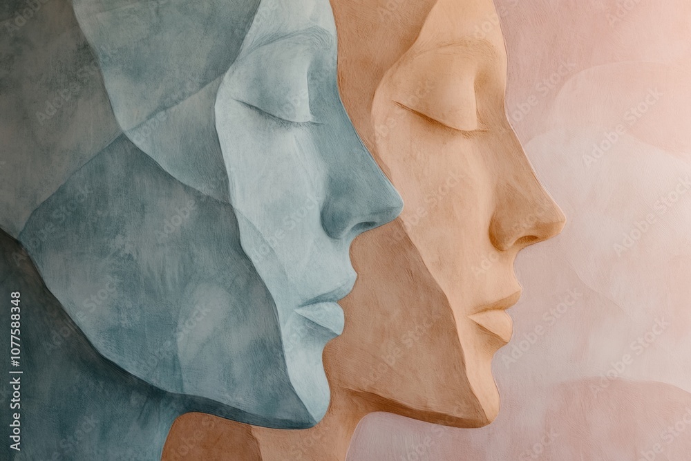 Two abstract silhouettes of faces in pastel hues reflect a deep sense of communication and empathy between individuals. Generative AI Two abstract silhouettes of faces in pastel hues reflect a deep sense of communication and empathy between individuals. Generative AI