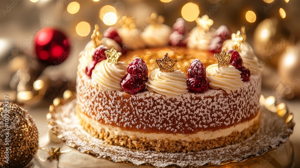 Festive Three Kings cake slice, rich toppings of fruits, nuts, on ornate dish, sugar dust, crown detail behind, warm lighting