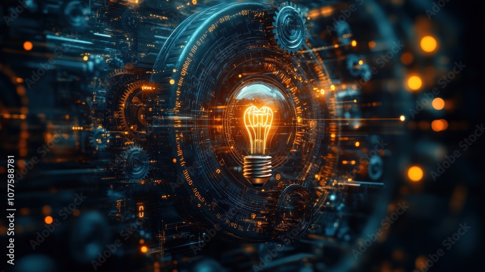 Obraz premium A glowing light bulb amidst a futuristic mechanical backdrop.
