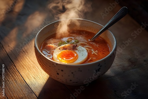 Steaming Bowl of Ramen with Rich Broth, Soft-Boiled Egg, Sliced Pork, and Green Onions, Professional Editorial Photo in Bright Natural Light and Vibrant Colors