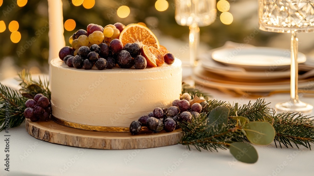 Golden King's cake, rustic table setting, sugared crystals and vibrant fruits, holiday decor