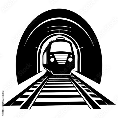 Train Emerging from Tunnel: A stylized black and white illustration of a train emerging from a tunnel, symbolizing progress, momentum, and the journey ahead.