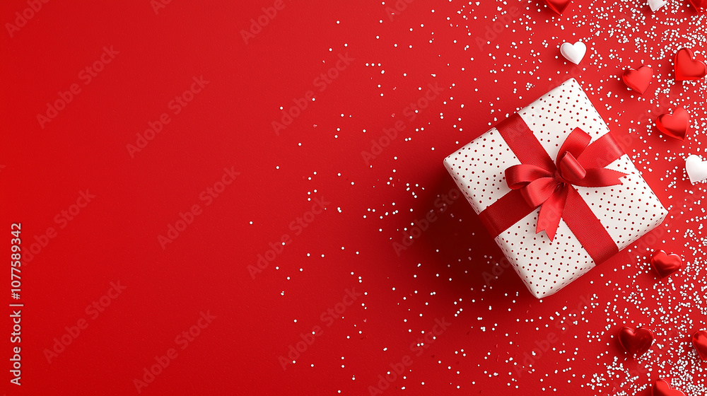Obraz premium Valentines Day Romantic Banner with Gift Box and Hearts