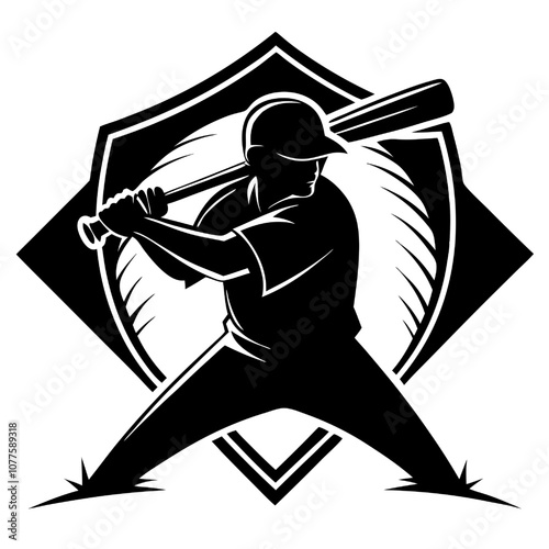 Baseball Batter Silhouette: Powerful vector illustration of a baseball player in batting stance, framed by a shield emblem. Perfect for sports teams, merchandise, and branding. 