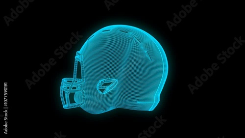 looping 360 degree rotation of glowing wireframe 3d american football helmet on alpha channel, ideal for sports equipment promotions and commercial ads