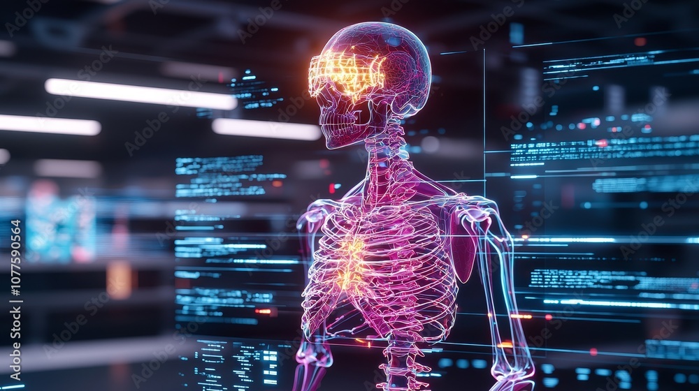 Detailed human skeleton with glowing holographic X-ray overlays, digital matrix background, sharp light contrasts, futuristic anatomy study Detailed human skeleton with glowing holographic X-ray overlays, digital matrix background, sharp light contrasts, futuristic anatomy study