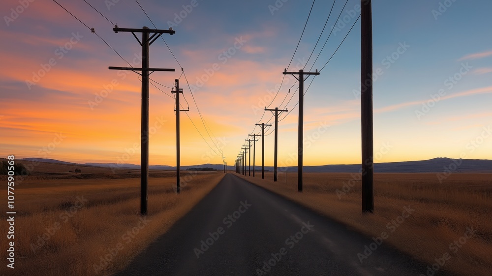 Long stretch of rural road lined with wooden utility poles and wires at sunset, flanked by open fields and hills under a colorful sky.