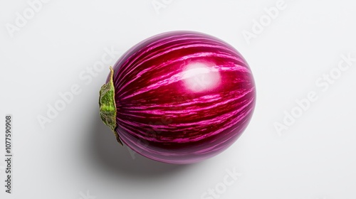 Single whole eggplant, perfectly centered on a white backdrop, shadows soft yet defined, emphasizing the smooth texture of the skin