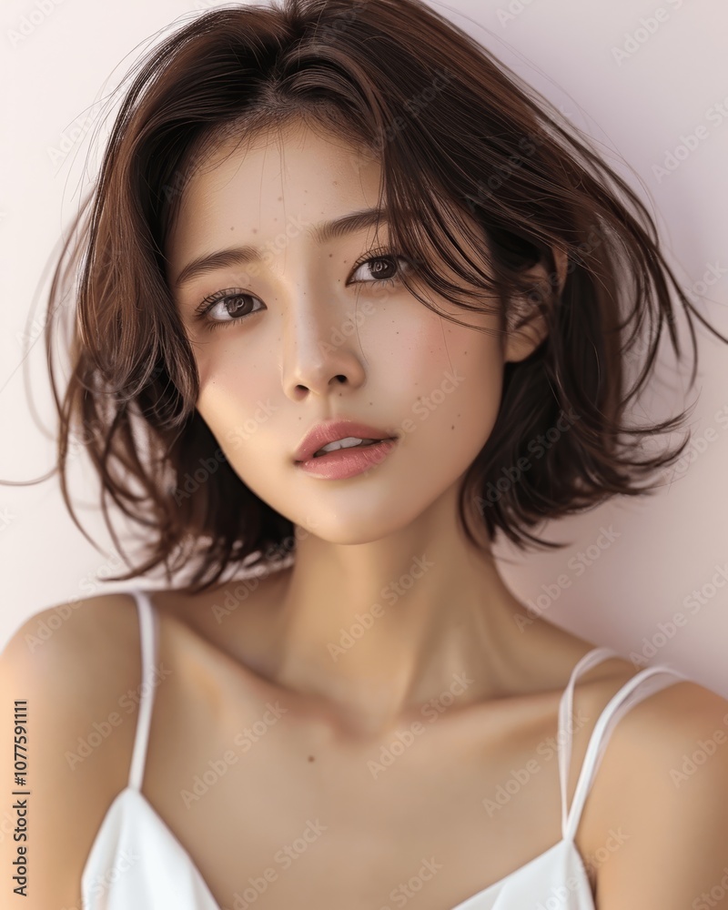 Portrait of Beautiful Chinese Woman in White Halter Top
