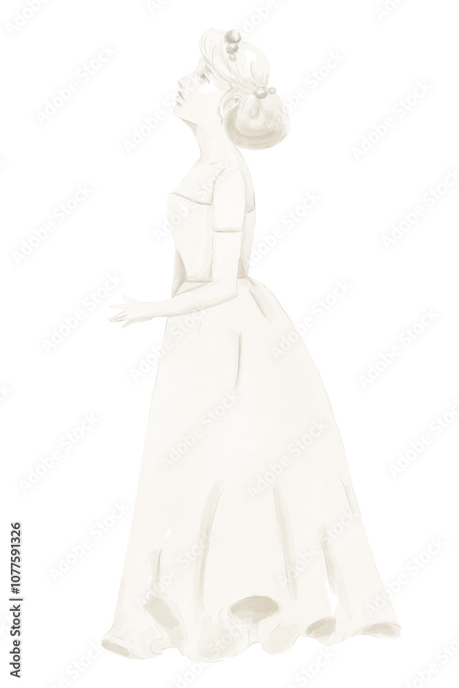 Fototapeta premium Bride Statue Monochrome in Long Dress with Corset, Wedding Cake Figurine, Watercolor Digital Illustration, Painterly Clipart for Print and Web, Poster, Poster, Invitation, Typography, Juicy and Bright