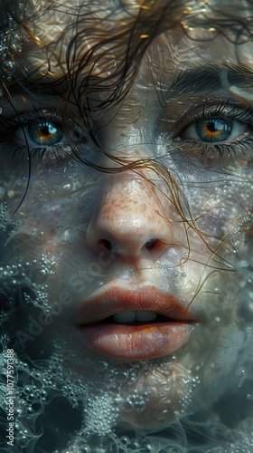 Close-Up Underwater Portrait of a Woman with Freckles and Water Droplets