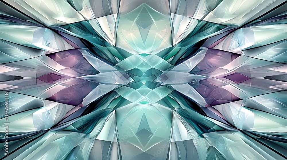 Obraz premium Abstract symmetrical pattern of blue, green, and purple geometric shapes.