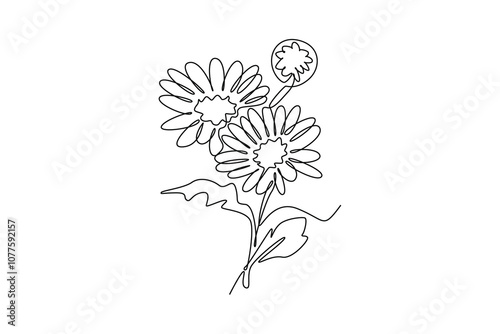 Single continuous line drawing of beauty fresh bellis perennis for wall decor art poster. Printable decorative daisy flower concept for fabric textile. One line draw graphic design vector illustration
