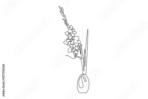 Single one line drawing of beauty fresh gladiolus for home wall art decoration. Printable poster decorative sword gladius flower concept. Modern continuous line draw design graphic vector illustration